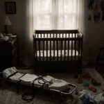 Antique wooden crib sits with toys and baby clothes near an abandoned stretcher and Philadelphia morning window tragedy