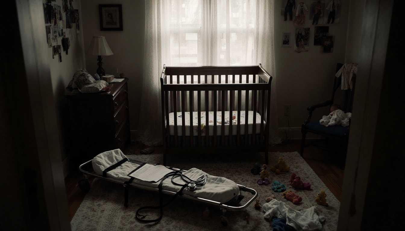 Antique wooden crib sits with toys and baby clothes near an abandoned stretcher and Philadelphia morning window tragedy