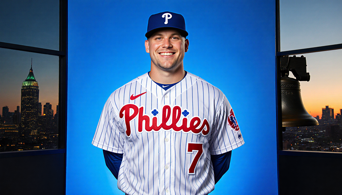 Kyle Schwarber proudly stands in front of a bright blue background reminiscent of a Philadelphia skyline at sunset wearing hi