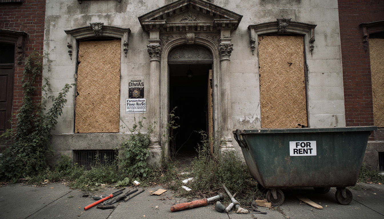 Restoration worker standing near old building facade, tools scattered on ground with partially completed renovation projects