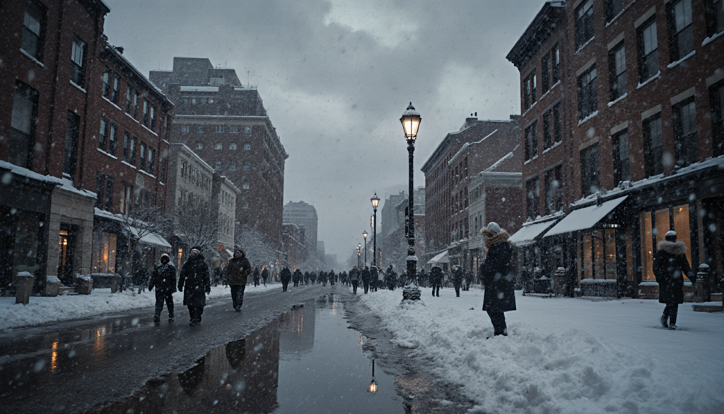 Pedestrians huddle on snowy street in Center City with icy puddles and streetlamp reflections