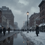 Pedestrians huddle on snowy street in Center City with icy puddles and streetlamp reflections