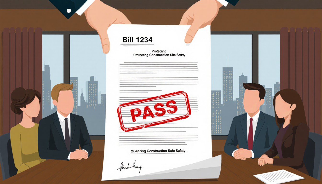 Council members reviewing Bill 1234 with a red Pass stamp and the Philadelphia skyline visible through the window.