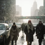 Pedestrians walking down Philadelphia street with rain‑swirled traffic and snowflakes falling on skyscrapers.