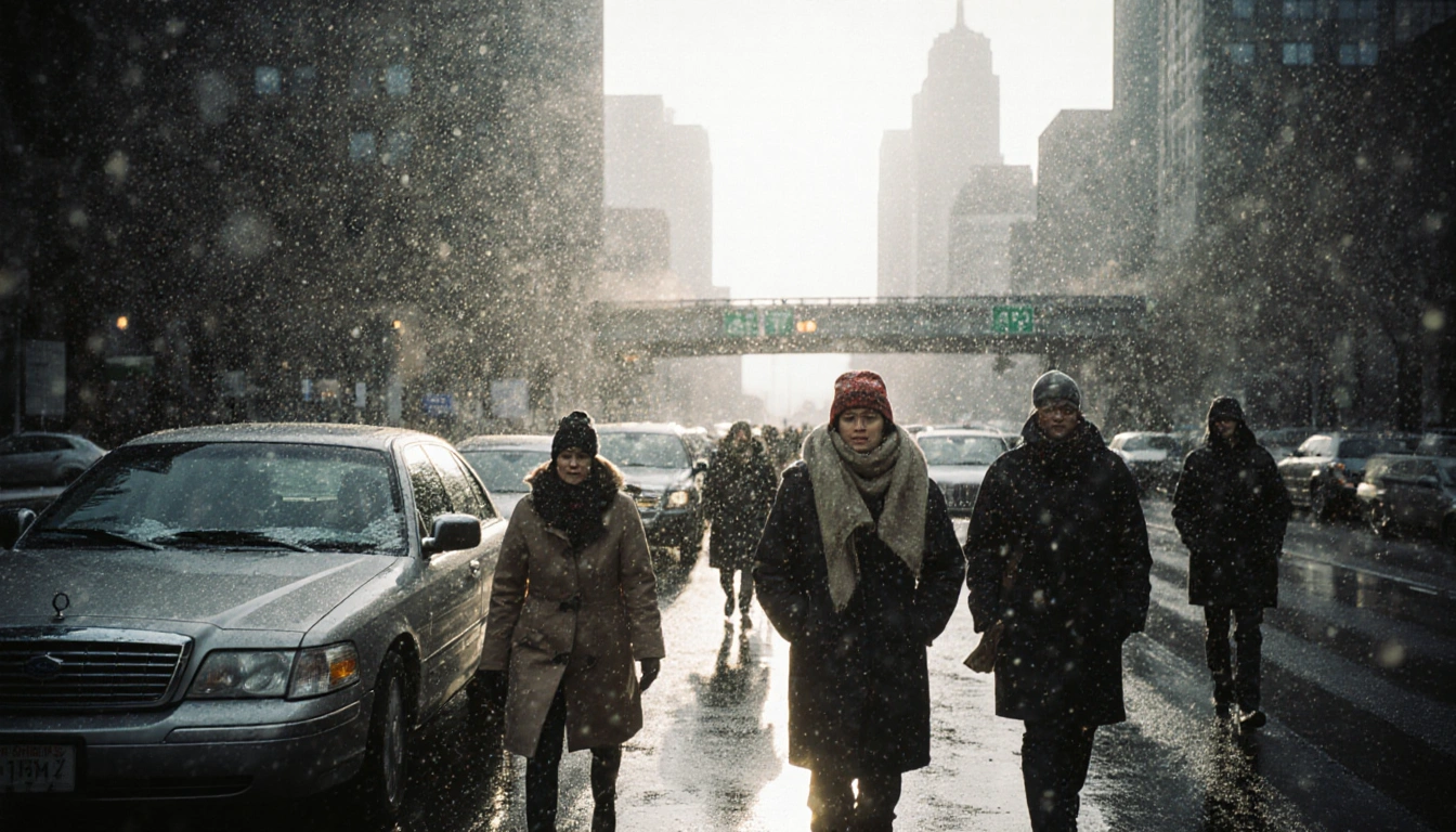 Pedestrians walking down Philadelphia street with rain‑swirled traffic and snowflakes falling on skyscrapers.