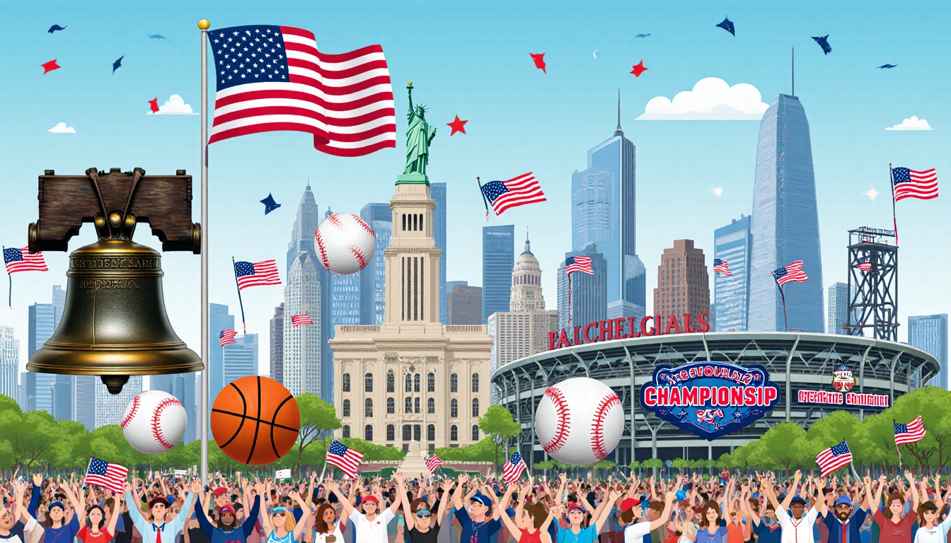 Philadelphia skyline shows Liberty Bell Independence Hall Citizens Bank Park cheering crowds flag