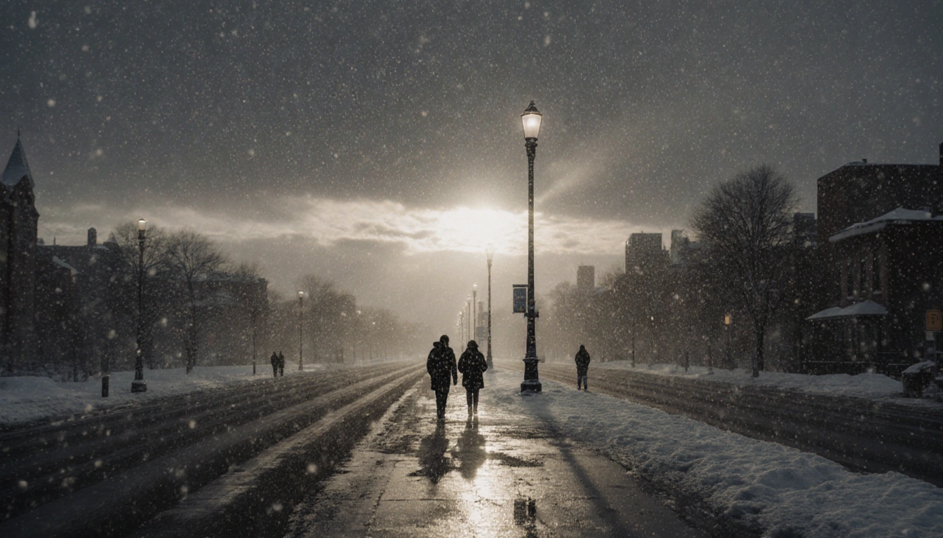 Pedestrians walking through Philadelphia streets with rain and sleet on pavement and glistening ice patches
