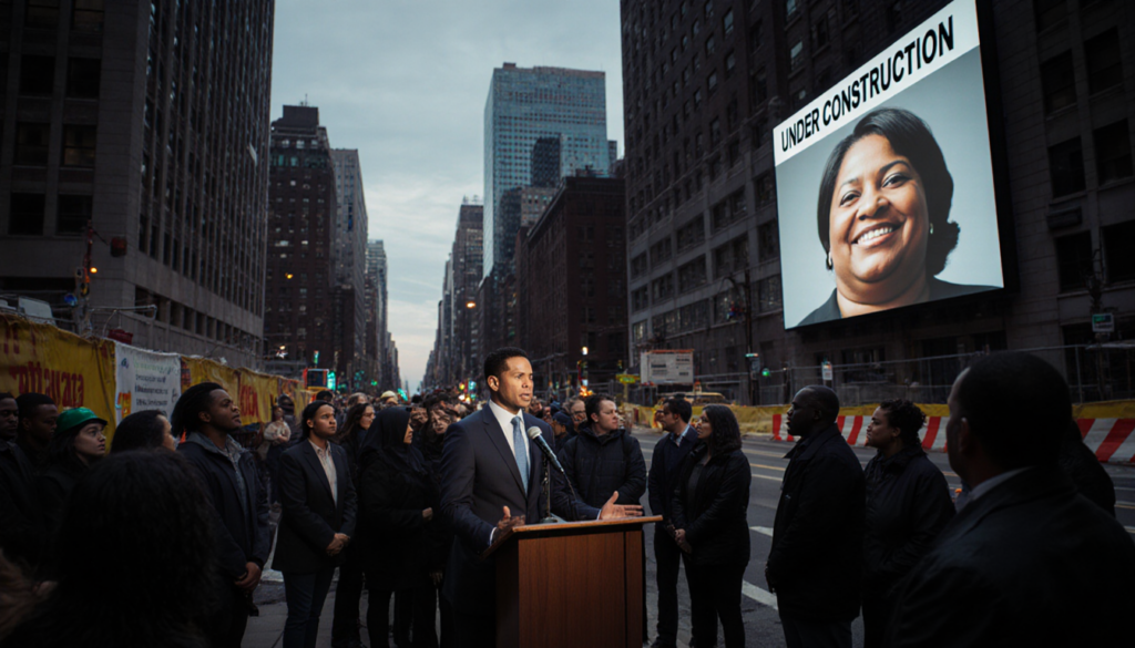 City councilmember Jeffrey Young speaking with construction site and digital screen showing Under Construction in Philadelphi