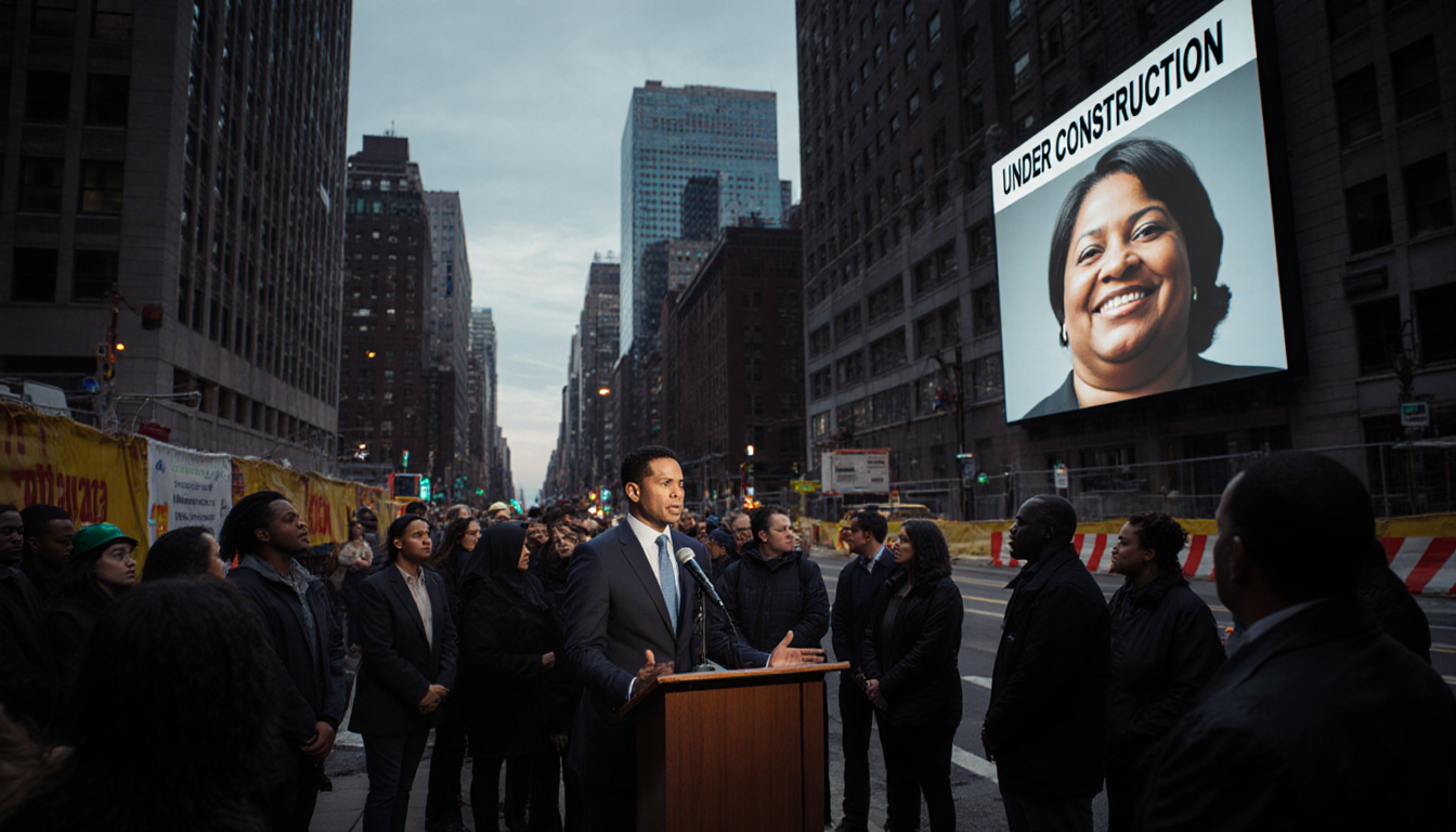City councilmember Jeffrey Young speaking with construction site and digital screen showing Under Construction in Philadelphi