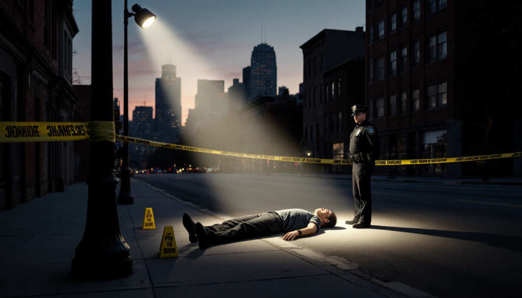 Young man lying motionless on sidewalk with police tape and yellow crime markers, spotlight and officer nearby