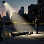 Young man lying motionless on sidewalk with police tape and yellow crime markers, spotlight and officer nearby