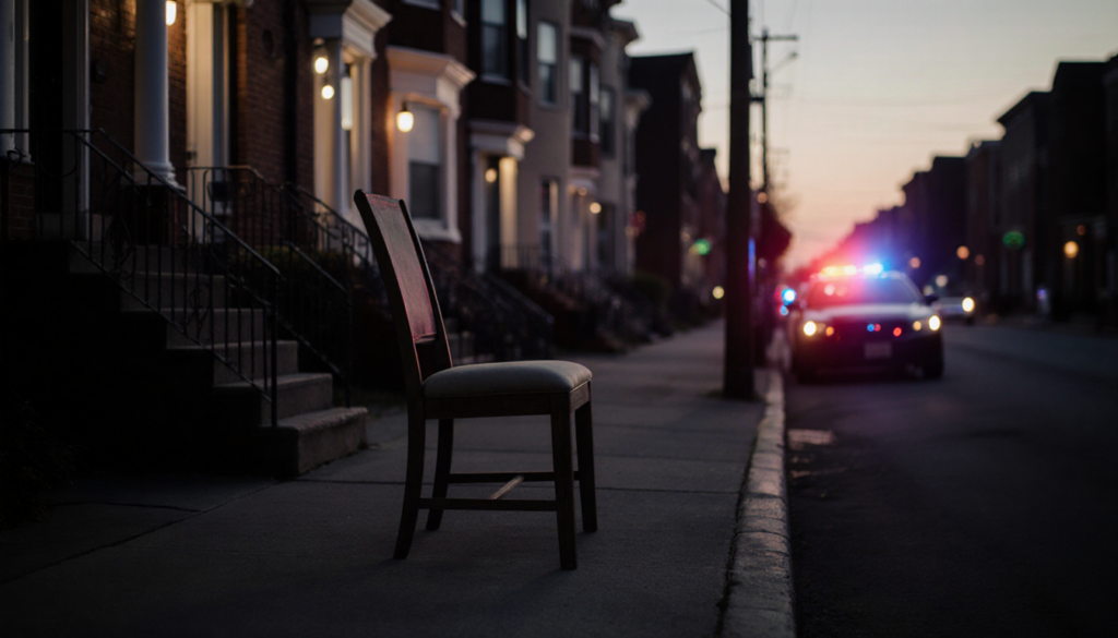 Police cruiser stands with flashing lights and abandoned chair on stoop amid dim dusk street.