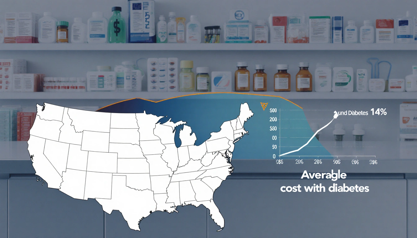 Graph showing 14% Philadelphia adults with diabetes and insulin cost charts with pharmacy counter background.