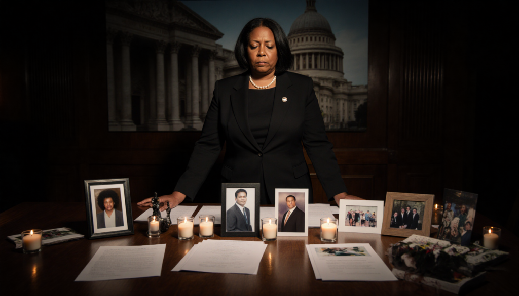 Council member standing before table candles while spotlight highlights words City Hall Philadelphia domestic violence.