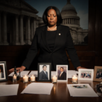 Council member standing before table candles while spotlight highlights words City Hall Philadelphia domestic violence.