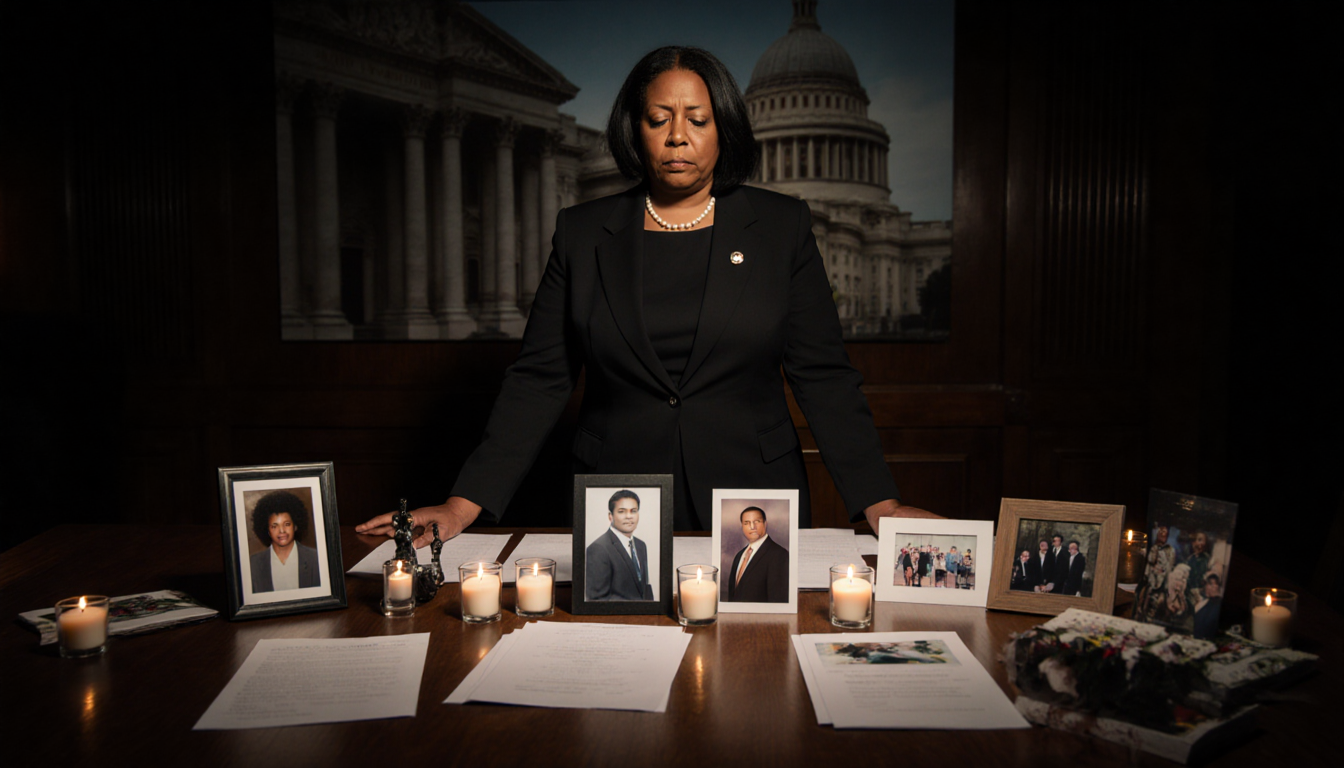 Council member standing before table candles while spotlight highlights words City Hall Philadelphia domestic violence.
