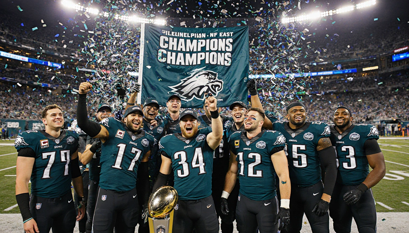 Eagles team holding championship trophy with confetti exploding around them and stadium lights shining bright