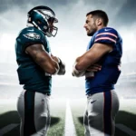 Two football players face off with arms crossed and eyes locked under stadium lights with Orchard Park blurred behind.