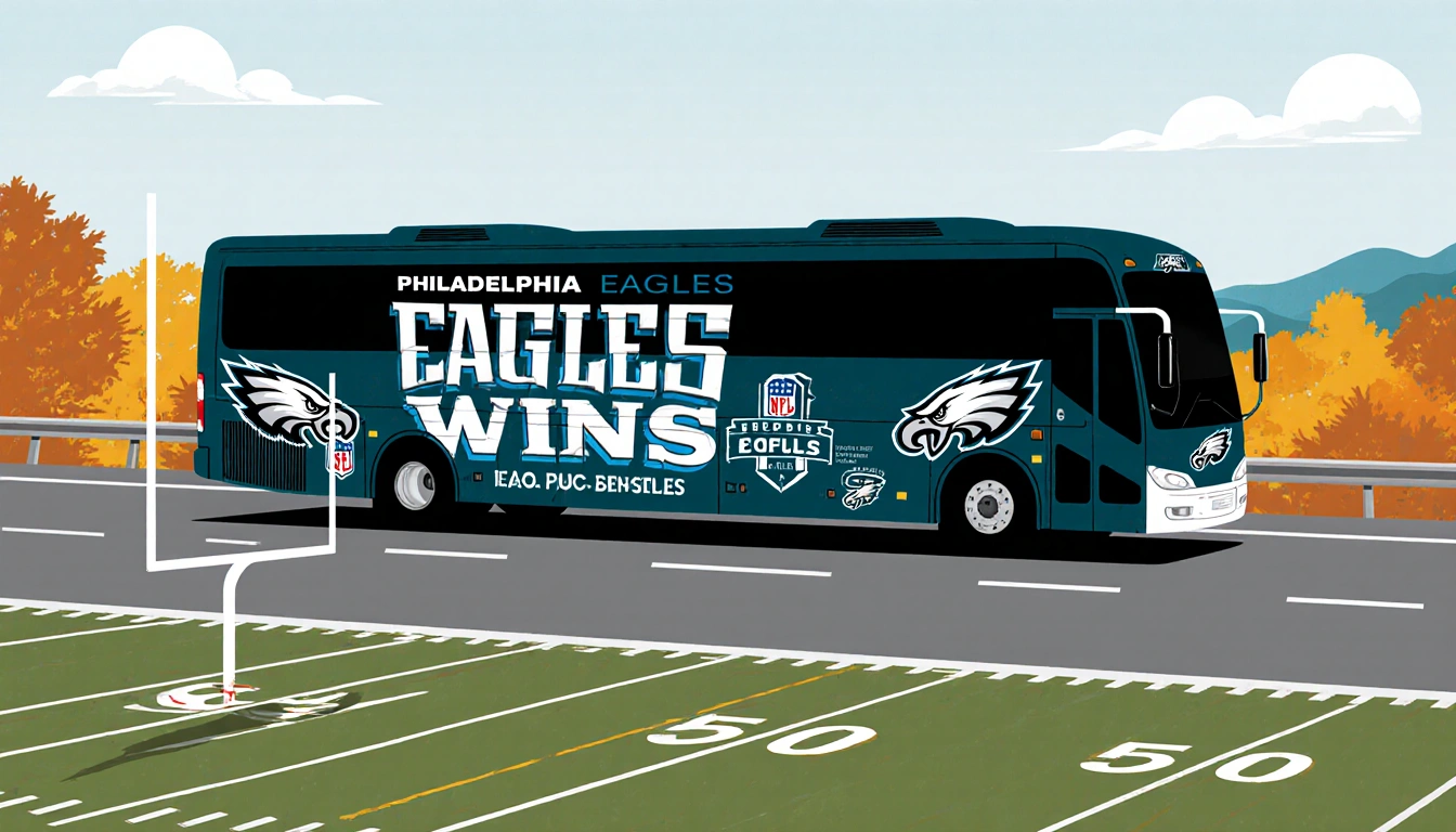 Eagles team bus drives down road with logos and 5 Consecutive Wins while a football field with goalposts appears the horizon