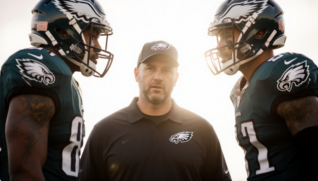 Coach Nick Sirianni is conversing with Landon Dickerson and Fred Johnson in a circular formation, surrounded by natural light