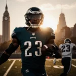 Philadelphia Eagles DB 23 standing heroically with grid pattern on body chasing quarterback near City Hall skyline