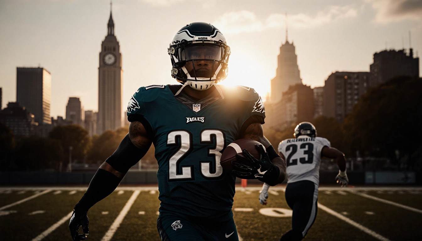 Philadelphia Eagles DB 23 standing heroically with grid pattern on body chasing quarterback near City Hall skyline