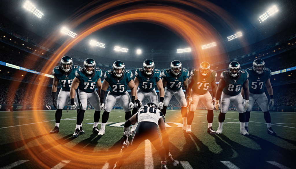 Eagles defensive line standing victorious with helmets gleaming under stadium lights and a swirling orange‑blue vortex.