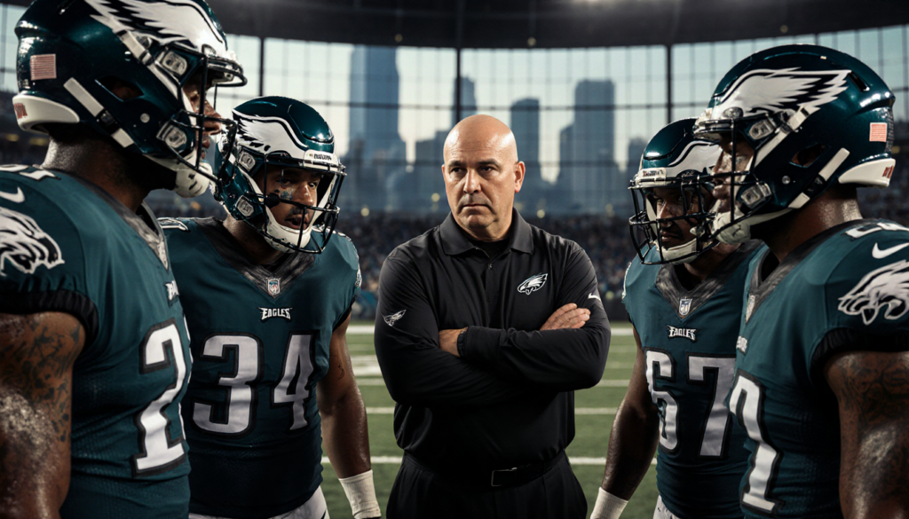 Eagles defensive players huddle around coach Vic Fangio with intense focus and Philadelphia skyline behind them.