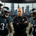 Eagles defensive players huddle around coach Vic Fangio with intense focus and Philadelphia skyline behind them.