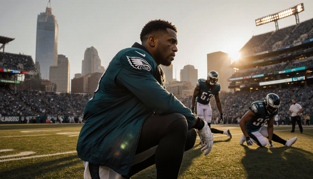 Eagles football players warm up on field with golden hour glow and injured tackle watching from sidelines