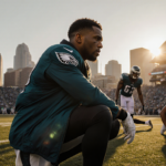 Eagles football players warm up on field with golden hour glow and injured tackle watching from sidelines