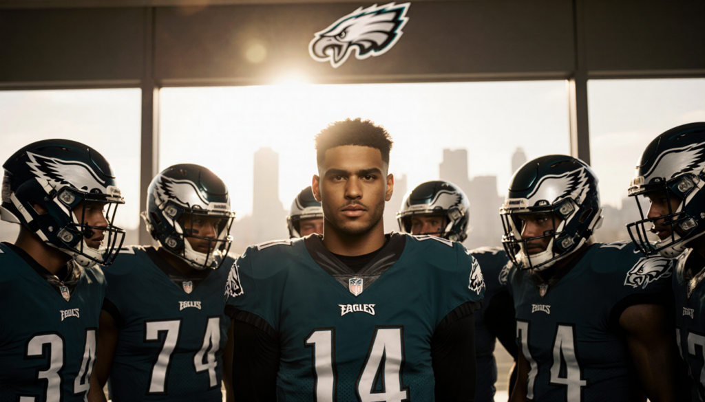 Jalen Hurts standing confidently behind center with teammates huddling and stadium lights illuminating the locker room.