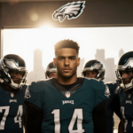 Jalen Hurts standing confidently behind center with teammates huddling and stadium lights illuminating the locker room.