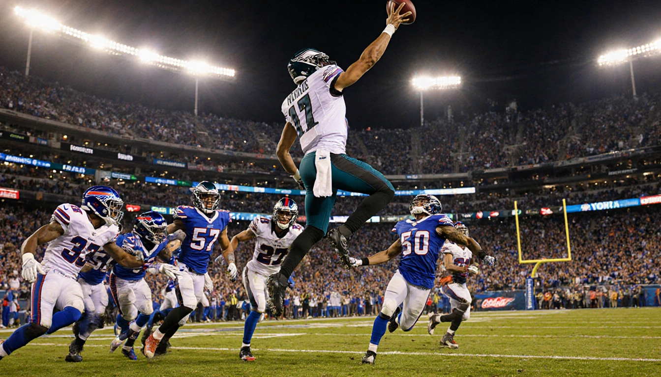 Jalen Hurts leaps throwing a touchdown pass to DeVonta Smith with Bills defenders scrambling behind and Eagles line charging.