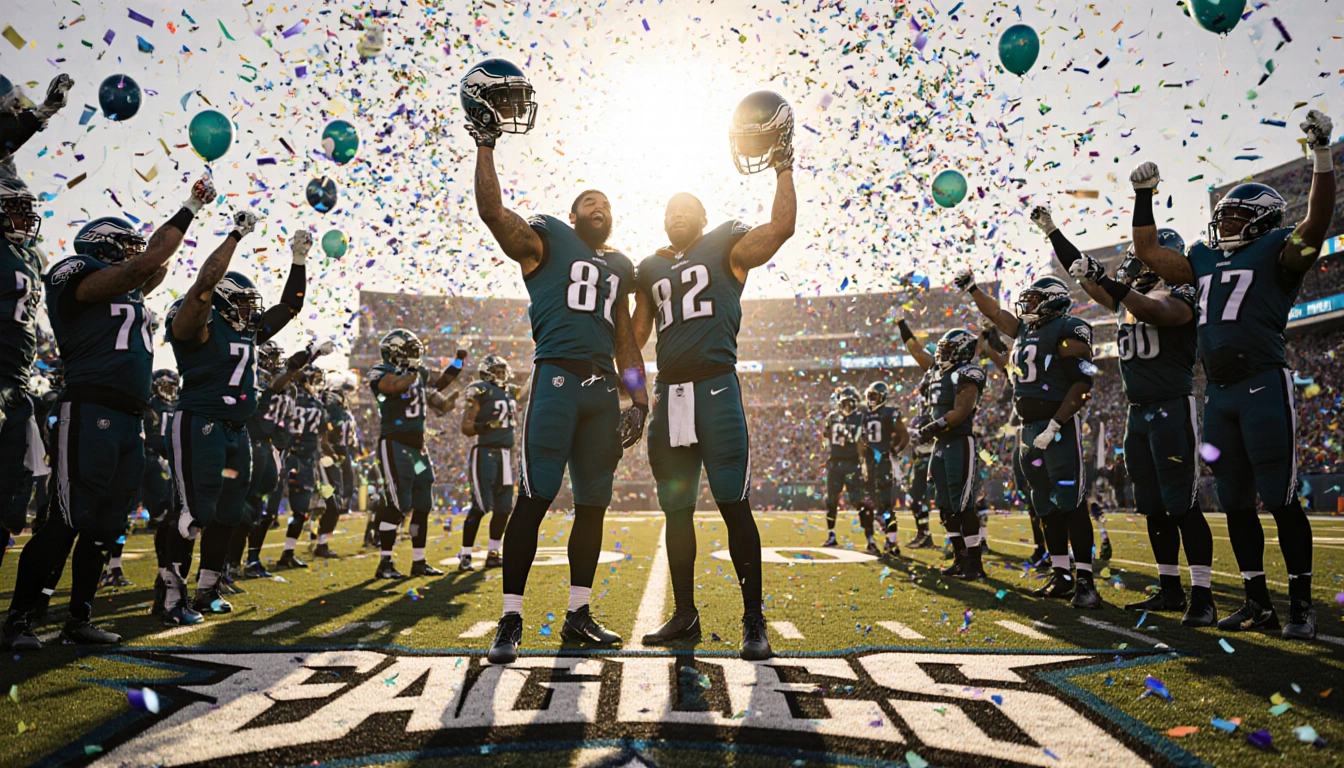 Phillips and Carter raise Eagles helmets in victory with teammates cheering under golden light and confetti.
