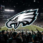 Fans cheering with the Philadelphia Eagles logo prominently displayed in the foreground and confetti lighting the night.