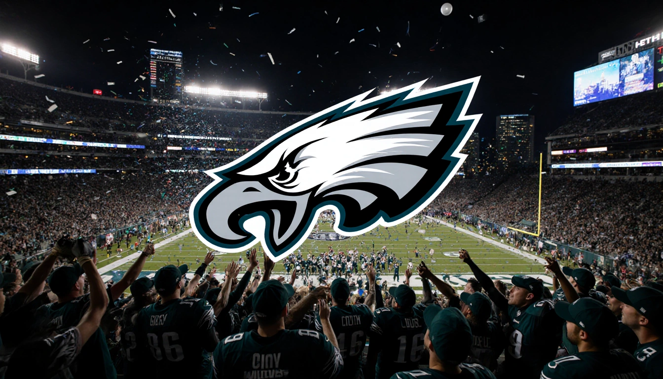 Fans cheering with the Philadelphia Eagles logo prominently displayed in the foreground and confetti lighting the night.