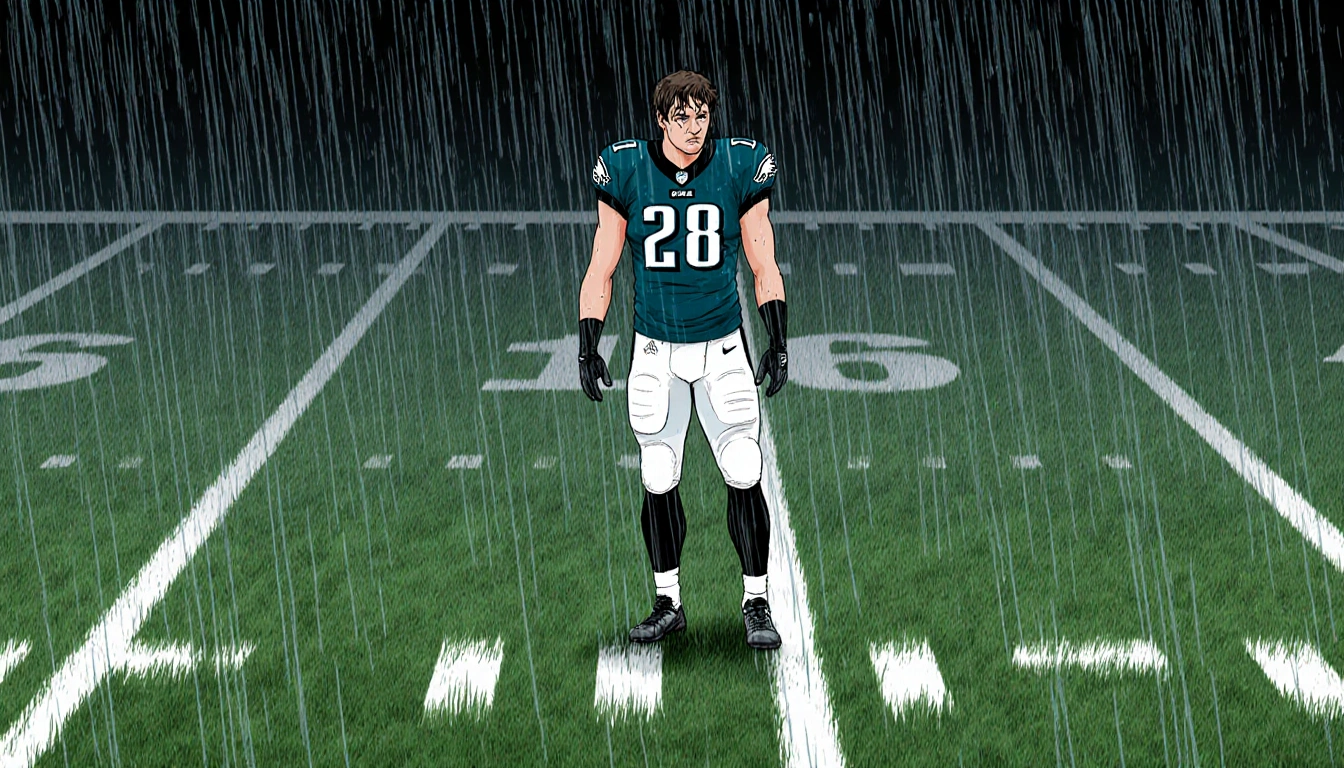 Eagles football player standing near line of scrimmage looking frustrated with rain-soaked grass and foggy field lines