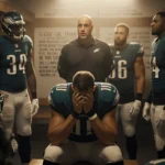 Will Shipley sits on bench with head in hands while teammates offer encouragement in a golden-lit locker room.