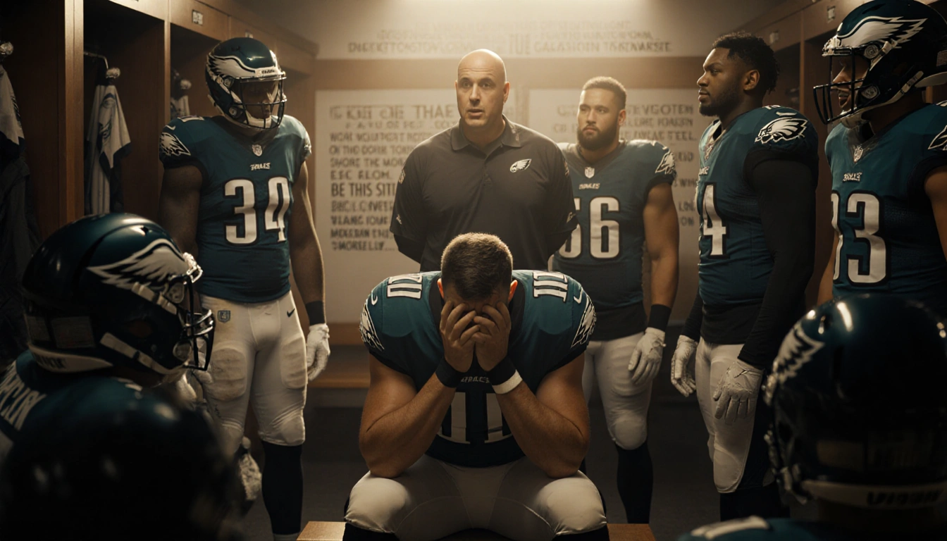 Will Shipley sits on bench with head in hands while teammates offer encouragement in a golden-lit locker room.