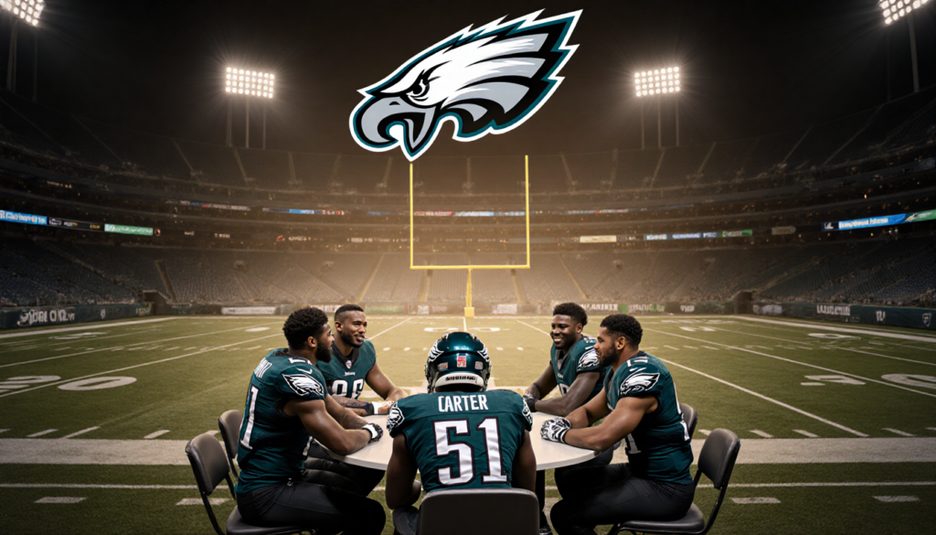 Players gather around a circular table with football helmets and jerseys under a stadium sky lit by the Eagles logo