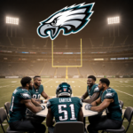 Players gather around a circular table with football helmets and jerseys under a stadium sky lit by the Eagles logo