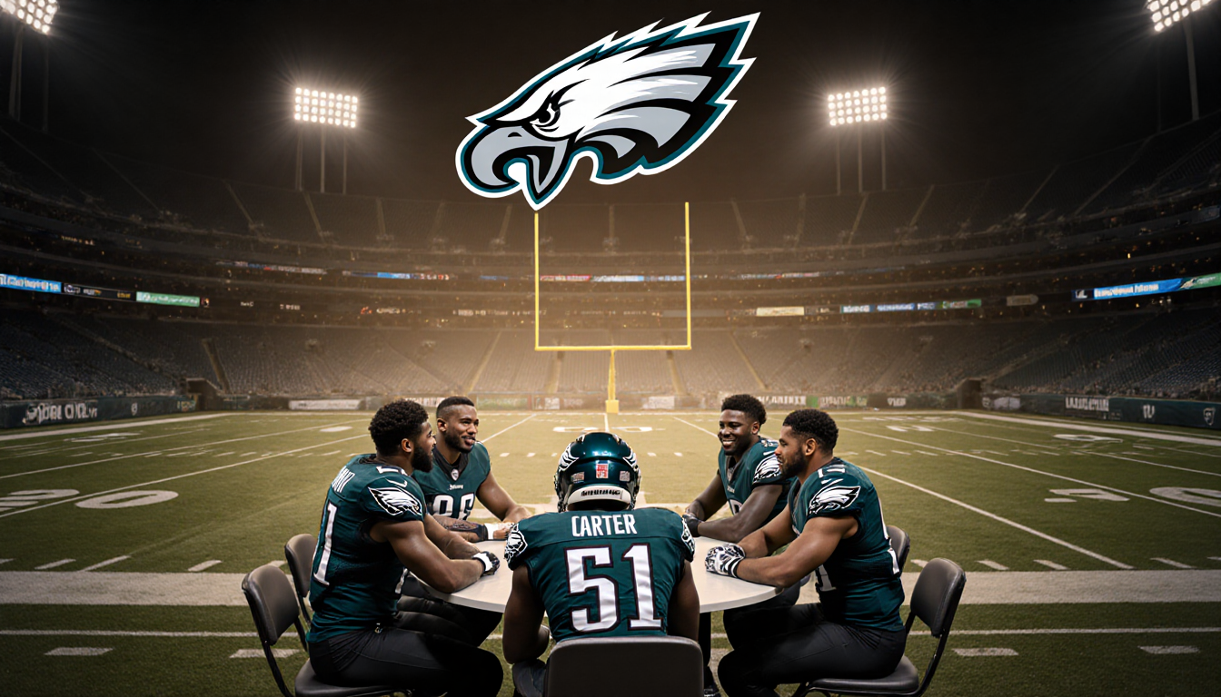 Players gather around a circular table with football helmets and jerseys under a stadium sky lit by the Eagles logo