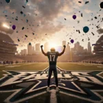 Eagles player triumphantly raises arms with confetti and balloons at sunset AT&T Stadium and glowing Philadelphia skyline