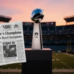 Eagles trophy glowing on podium with newspaper clipping partially covering it and sunset sky
