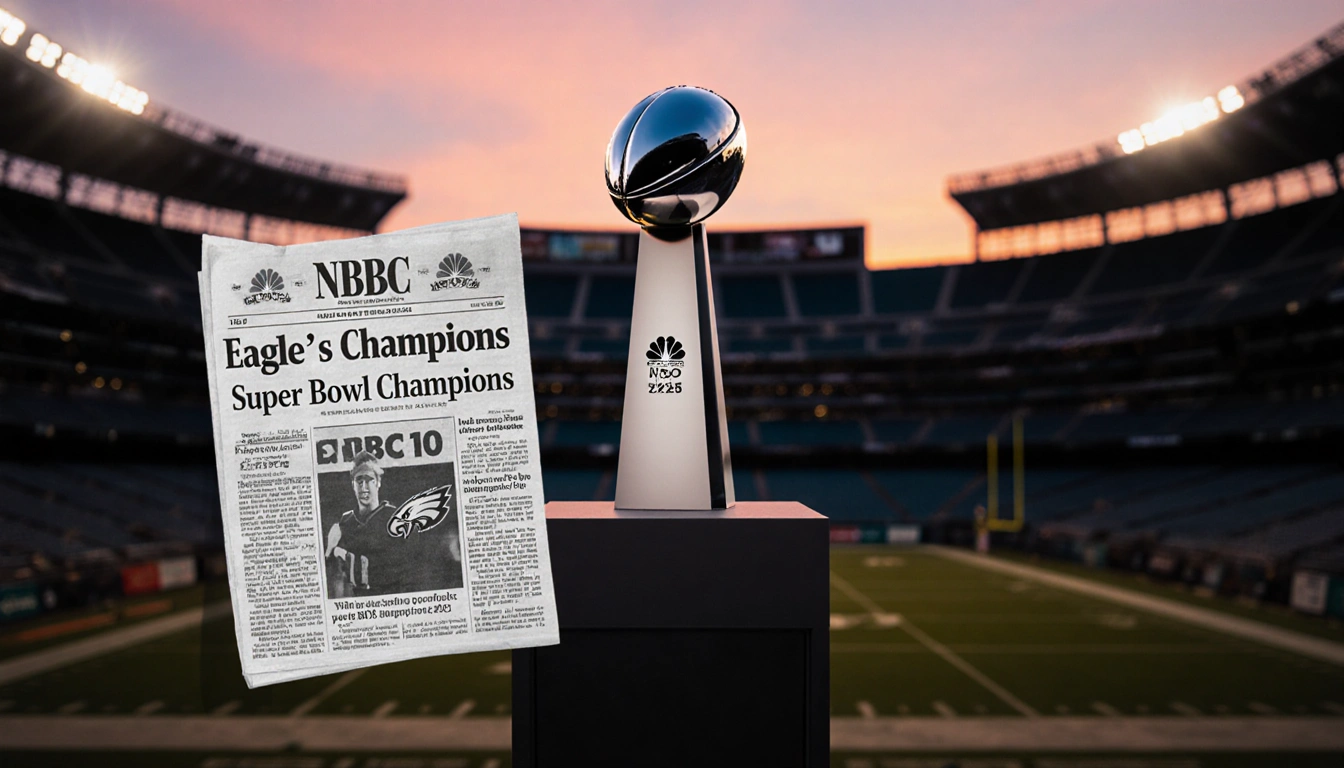 Eagles trophy glowing on podium with newspaper clipping partially covering it and sunset sky