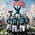Eagles players celebrating with confetti and cheering fans near the Liberty Bell