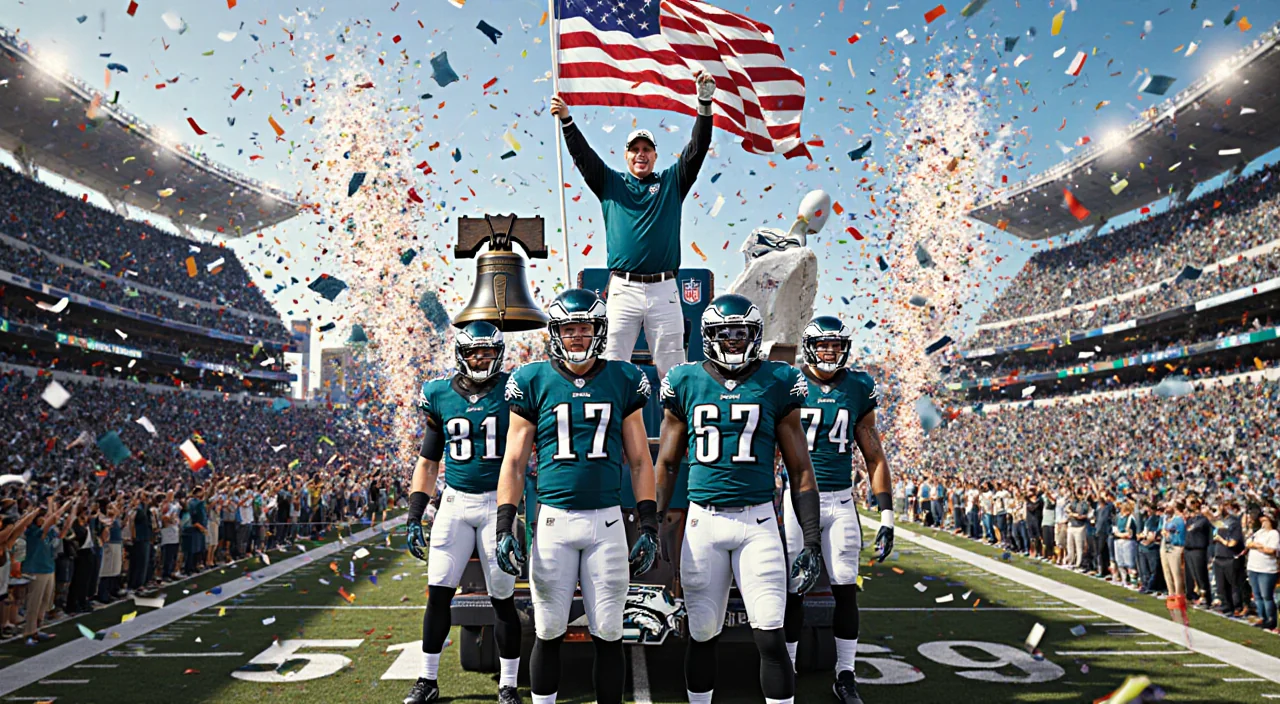 Eagles players celebrating with confetti and cheering fans near the Liberty Bell