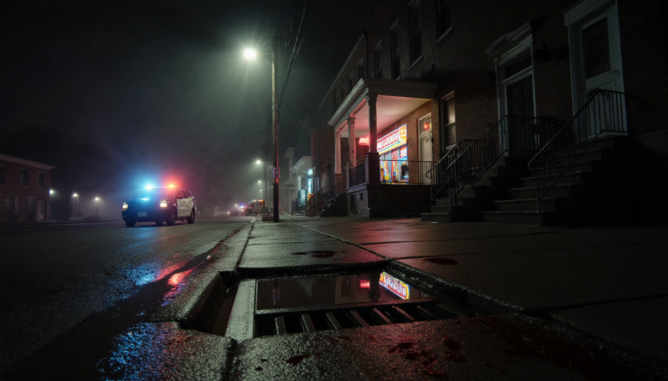 Streetlight casts long shadows on wet pavement in Philadelphia with bloodstain and flashing police cruiser nearby