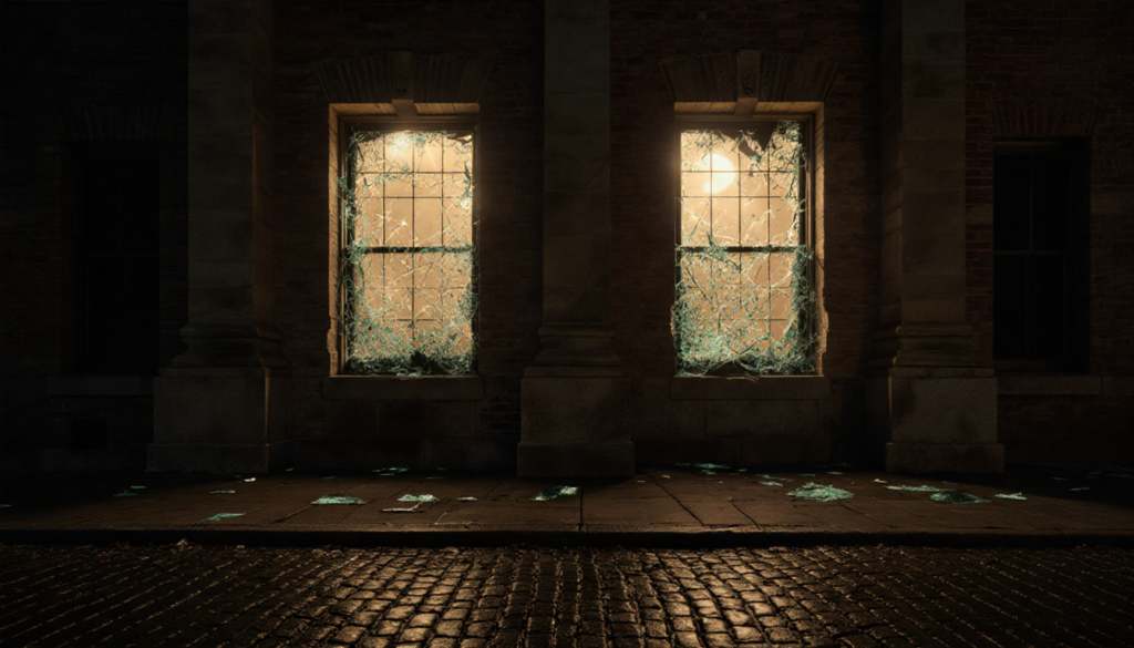 Philadelphia Federal Courthouse at night with shattered windows glowing softly in moonlight.